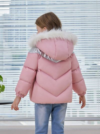 SHEIN Kids EVRYDAY Little Girls' Hooded Collar Cozy Coat With Thick Loose Fit Design, Woven Contrast Coated Fabrics