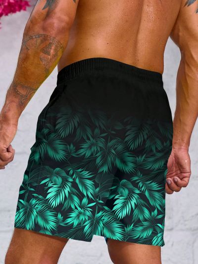 Men'S Plus Size Drawstring Leaf Print Beach Shorts