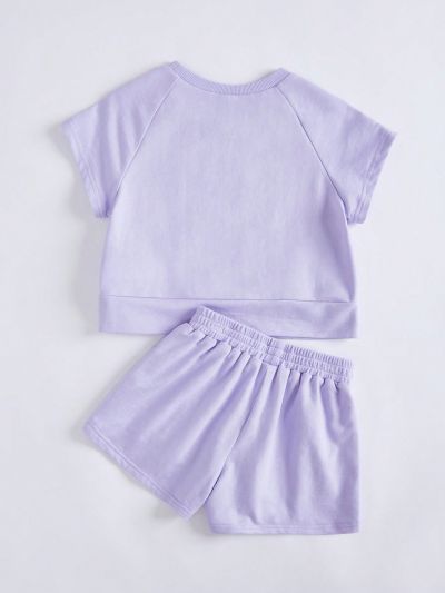 SHEIN Kids KDOMO Young Girls' Casual Loose Fit Palm Tree Patchwork Round Neck Drop Shoulder Short Sleeve T-Shirt And Shorts Set