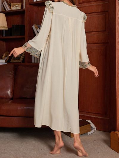 Maternity Flower Embroidery Mesh Nightgown Dress