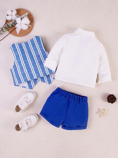 Cool And Gentleman Style Vest + Long Sleeve Shirt + Shorts Set For Baby Boy, Spring/Summer