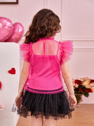 SHEIN Kids FANZEY Toddler Girls' Lace Stand Collar Double Layer Mesh Shirt With Ruffle Sleeves And Knitted Comfortable Camisoles 2pcs/Set