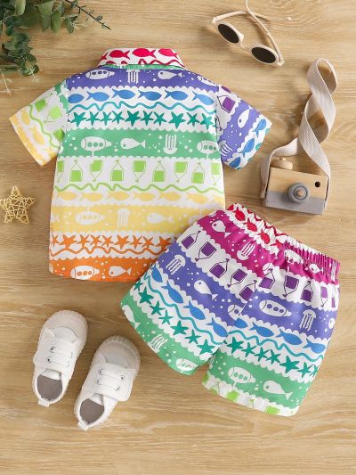 Baby Boys' Colorful Printed Shirt And Shorts Set For Summer Holiday