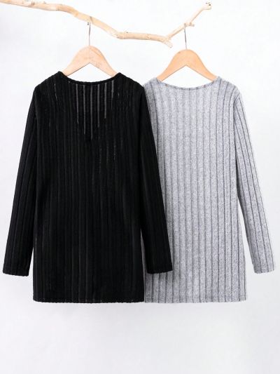 SHEIN Kids EVRYDAY Girls' (Big) Pockets & Lapel Collar Long Sleeve Cardigan Coat With Cable Knit Pattern