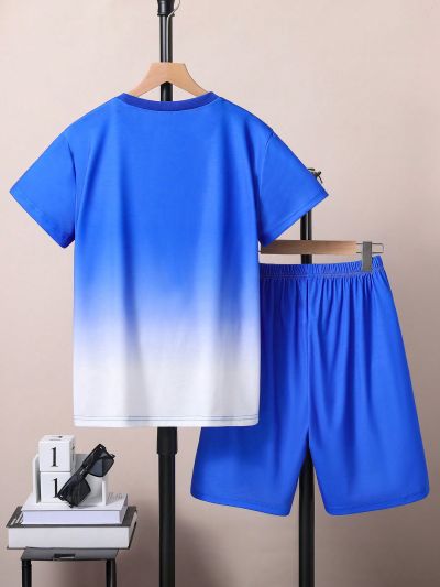 Teenage Boys' Ombre Letter Printed T-Shirt And Shorts 2pcs/Set