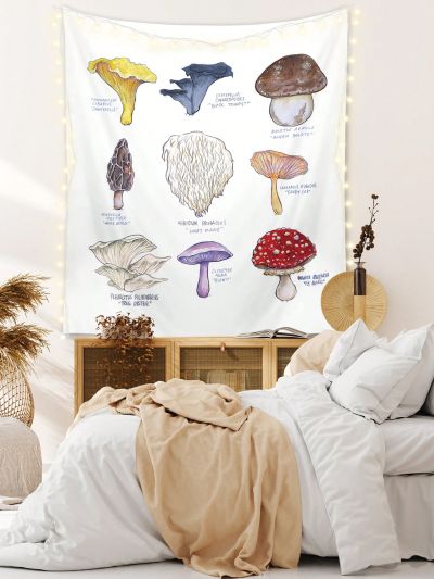 Isabela Escobar 1pc Vintage Hand Drawn Mushroom Guide Pattern Printed Polyester Tapestry, Perfect Wall Decor For Living Room, Bedroom, Camping, Four Seasons Available