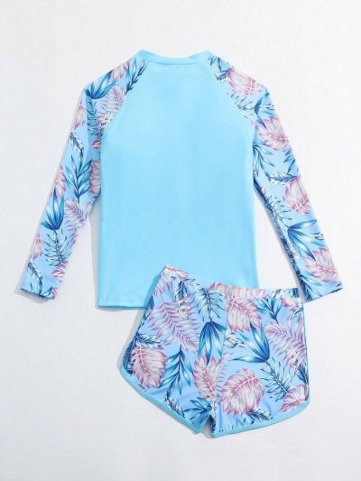Tween Girls' Tropical Printed Raglan Long Sleeve Half Zipper Top And Shorts Bikini Swimsuit Set