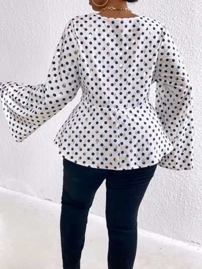 SHEIN Privé Plus Size Women's Polka Dot Printed Wrap Shirt