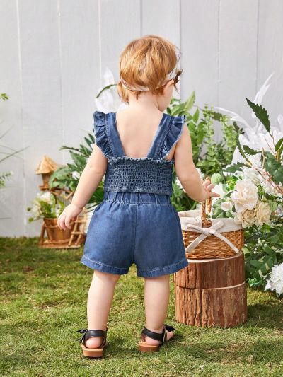 Baby Girls' Denim Top And Shorts With Ruffled Square Neckline