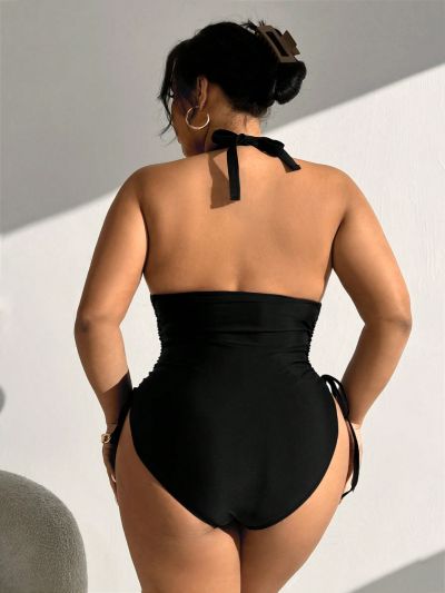 SHEIN Swim Chicsea Plus Size Solid Color One-Piece Swimsuit With Drawstring
