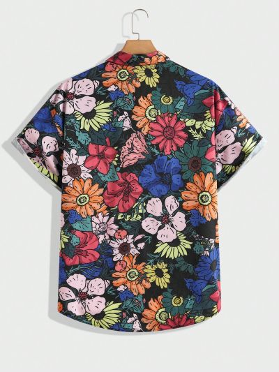 SHEIN Extended Sizes Men's Plus Size Casual Short Sleeve Shirt With Skull Butterfly Print