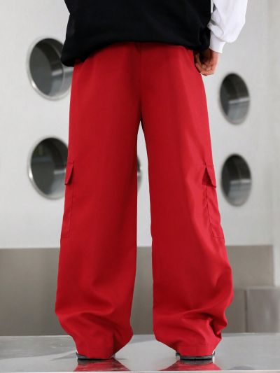 SHEIN Tween Boy Loose Fit Hiphop Wide Leg Pants With Letter Detail And Weave Tape Decoration