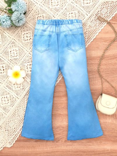 SHEIN Kids EVRYDAY Little Girls' Street Style Elastic Waist Slim Fit Print Denim Flare Pants, Summer