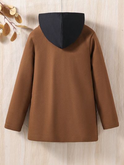 Boys' Warm 2 In 1 Hooded Wool Coat, Mid-Long Length, Suitable For Daily Wear