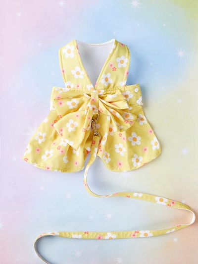 PETSIN Easter Yellow Little Flower Printed Cute Dress With Harness & Leash Set For Pet
