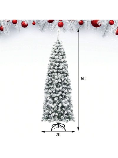 Gymax 6ft Snow Flocked Pencil Christmas Tree Artificial Pine Tree w/ Metal Stand