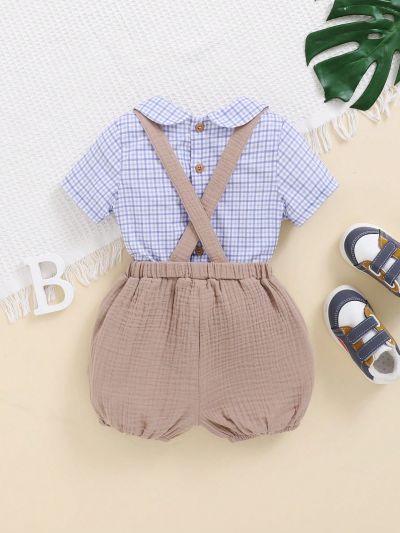 SHEIN Baby Boy Casual Plaid Turn-Down Collar Short Sleeve Shirt And Solid Color Overalls Shorts Set