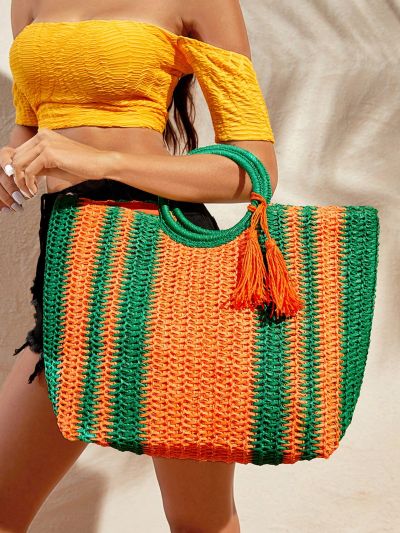 SHEIN VCAY Tassel Women's Tote Bag Simple And Fashionable Multifunctional Large Capacity Woven Bag,Straw Bag,Perfect For Summer Beach Travel Vacation,For Outdoor,Holiday