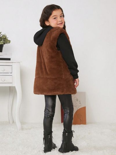 SHEIN Kids Cooltwn Tween Girl Open Front Vest Fuzzy Coat