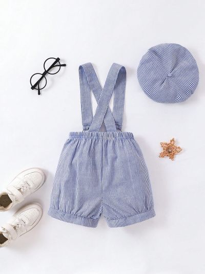 SHEIN Kids EVRYDAY Toddler Boys' Blue Fine Striped Overalls Jumpsuit With Hat Set