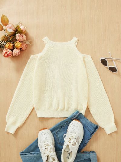 SHEIN Teen Girls' Long Sleeve Hollow Out Shoulder Casual Sweater