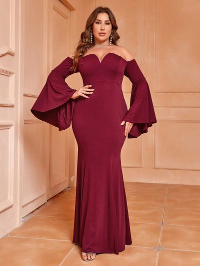 SHEIN Belle Women's Off Shoulder Deep V-neck Mermaid Dress With Flared Sleeves In Plus Size For Bridesmaid