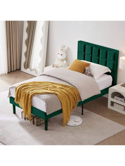 Flolinda Twin Bed Frame with Velvet Upholstered Headboard Modern Twin Platform Bed Frame for Girls and Boys No Box Spring Needed, Easy Assembly, Green