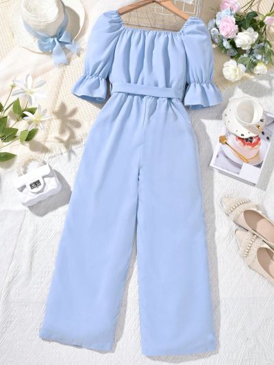 SHEIN Kids EVRYDAY Girls Square Neck Flounce Sleeve Belted Jumpsuit
