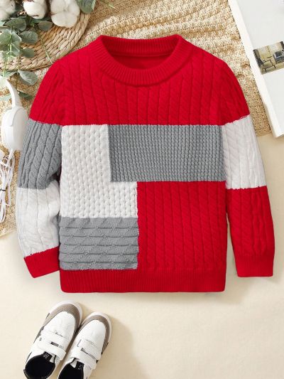 SHEIN Kids EVRYDAY Toddler Boys' Casual Slim Fit Round Neck Multi-color Pullover Sweater