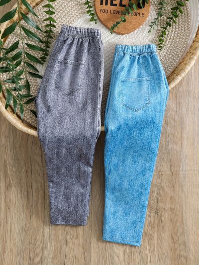SHEIN Kids EVRYDAY Imitation Denim Digital Digital Printing Girls Bottoms Outdoor Sports Casual Girls Pants Autumn And Winter Children's Two-Piece Clothes
