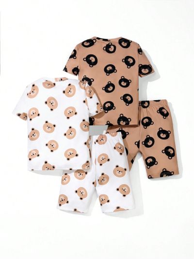 SHEIN 4pcs/Set Young Boy Tight-Fit Casual Round Neck Tee & Shorts With Little Bear Pattern For Homewear