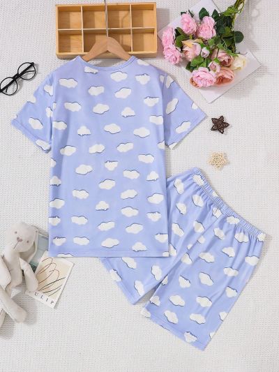 Teen Girls' Cute Cloud & Bear Printed Short Sleeve Top And Shorts Set, Homewear