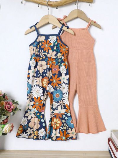 Two-Piece Baby Girl Spring And Summer Solid Color Floral Pattern Bow Cami Jumpsuit