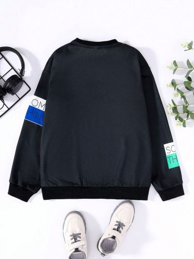 SHEIN Tween Boys Casual Street Style Letter Patch & Print Round Neck Pullover Knit Sweatshirt