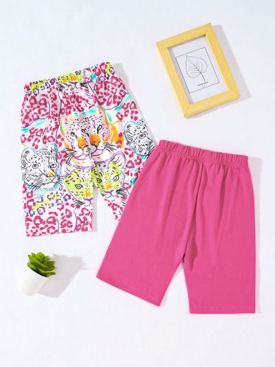 SHEIN Kids Y2Kool 2pcs/set Toddler Girls' Solid Color And Leopard Print Shorts
