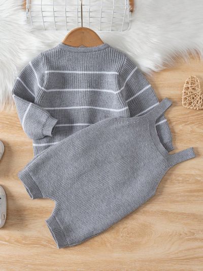 Baby Boys' Striped Cardigan Sweater And Sweater Shorts With Suspenders Set