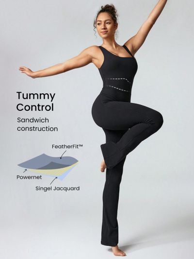 GLOWMODE 30" FeatherFit™ Asymmetrical Double Shoulder Strap Tummy Control Flared Jumpsuit Light Support Low Impact Yoga Studio
