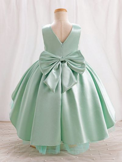 Girls' Mesh Patchwork Puffy Formal Dress With Big Bowknot Decoration On The Back