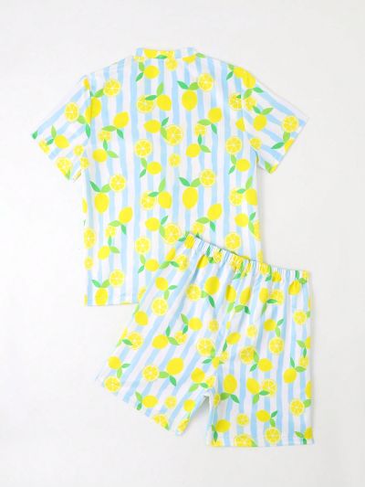 Teenage Boys' Blue & White Striped Lemon Print Swimwear Set