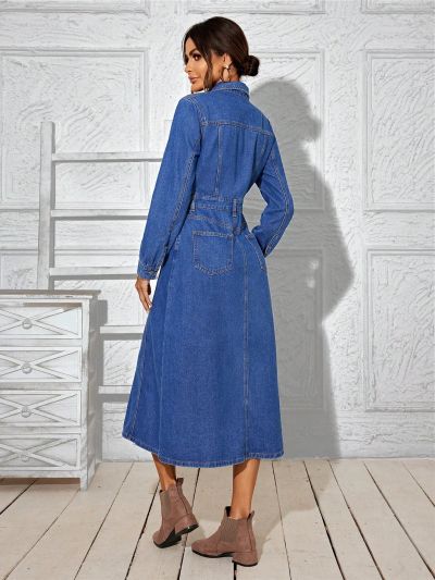 SHEIN LUNE Women'S Long Sleeve Denim Shirt Dress