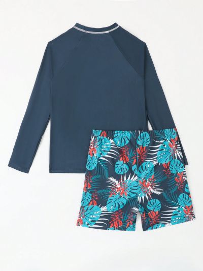 Teen Boys' Patchwork Stitching Long Sleeve T-Shirt And Tropical Print Swimming Shorts Outfit