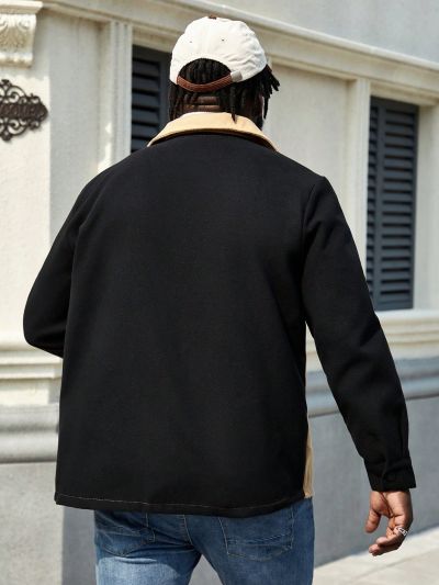 Extended Sizes Plus Size Men's Woolen Jacket With Letter Print And Color Block Design