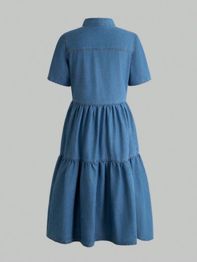 Teen Girls' Elegant Casual Flap Pocket Button Front Denim Dress