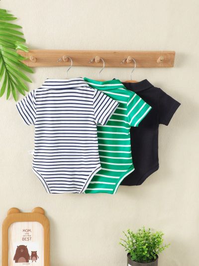 Baby Boy Summer 3pcs/Set Cute And Fashionable Striped & Solid Color Knitted Polo Collar Romper