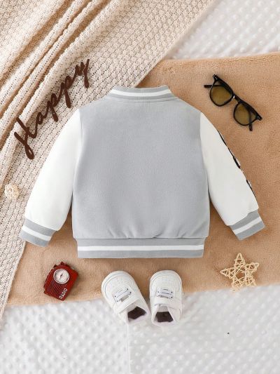 Boys' Casual Grey Jacket With Irregular Embroidered Flower Design For Spring And Autumn