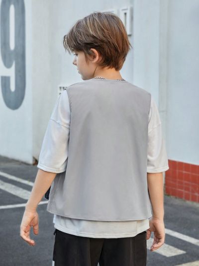 SHEIN Boys' Casual Solid Color Knitted Vest Jacket With Zipper And Pockets