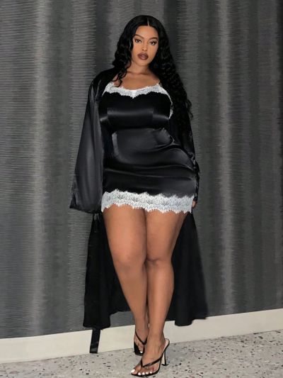 SHEIN Slayr Plus Size Women'S Lace Splicing Cami Dress And Jacket Two Piece Set