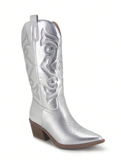 Women's Embroidery Design Anti-slip Thick Heel Cowboy Boots With Pointed Toe, Fashionable Side Zipper Outdoor Boots For Parties And Holidays In Spring And Autumn