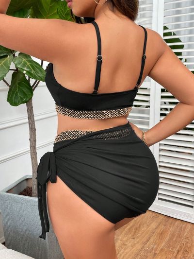 SHEIN Swim Chicsea Plus Size Women's Spliced Weave Strap Cross Neck Swimsuit Set, 3pcs Split Set With Mesh Skirt