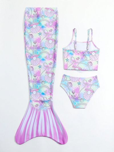 Toddler Girls' Random Printed Ruffled Strap Tankini Set And Mermaid Tail Bikini Bottoms